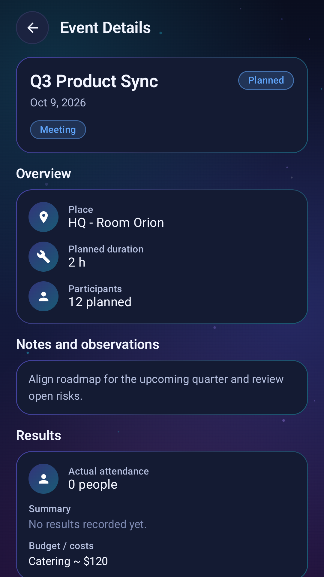 Event details screen