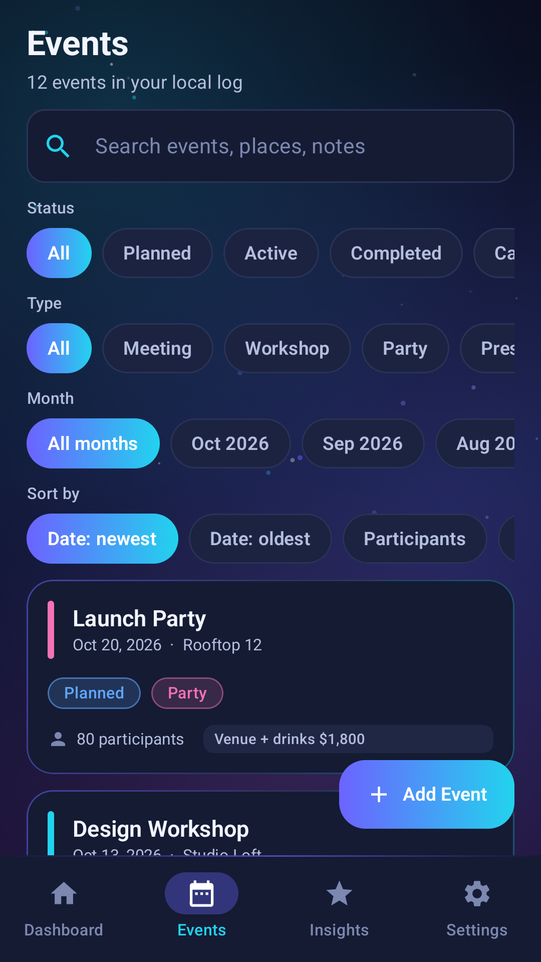Event history and filters screen