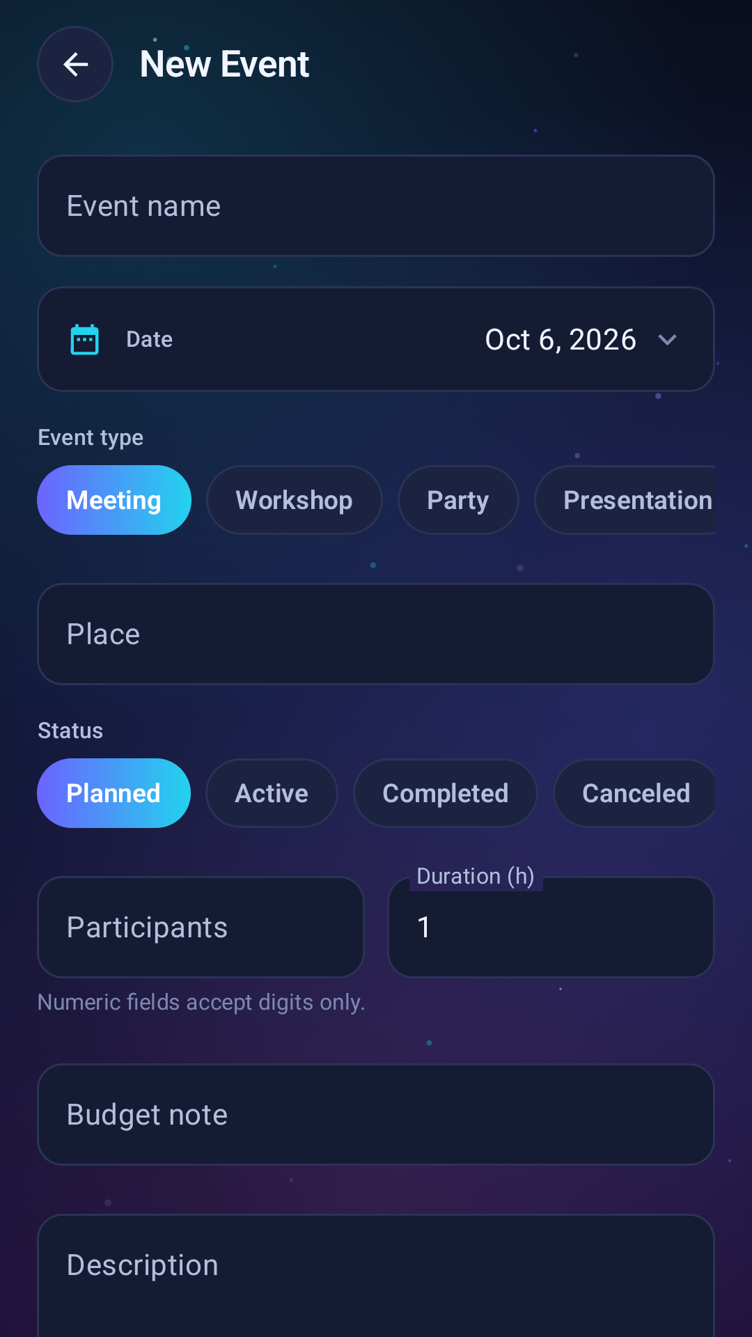 Create a new event screen